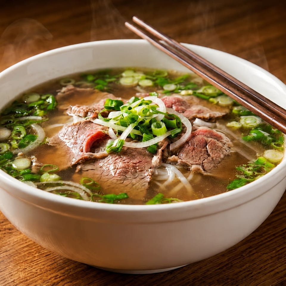 Steaming bowl of pho with beef, noodles, green onions, and white onions, with chopsticks.