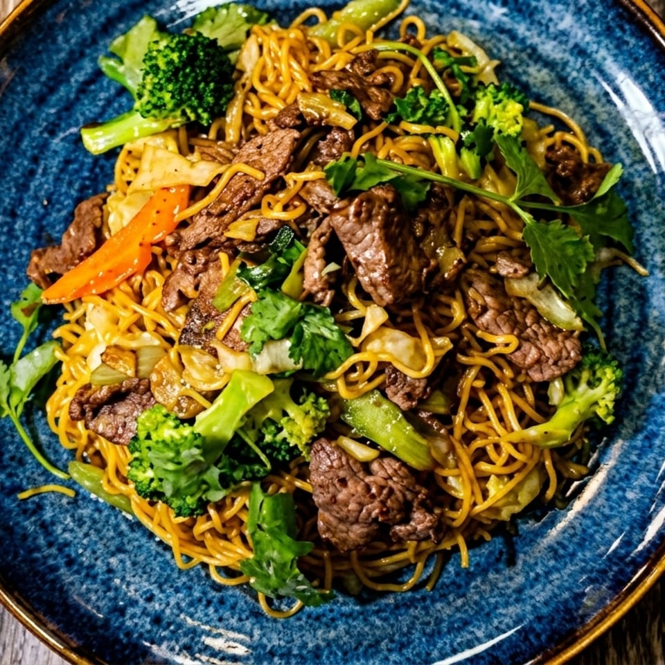 Beef chow mein with broccoli, carrots, and cilantro on a blue plate.