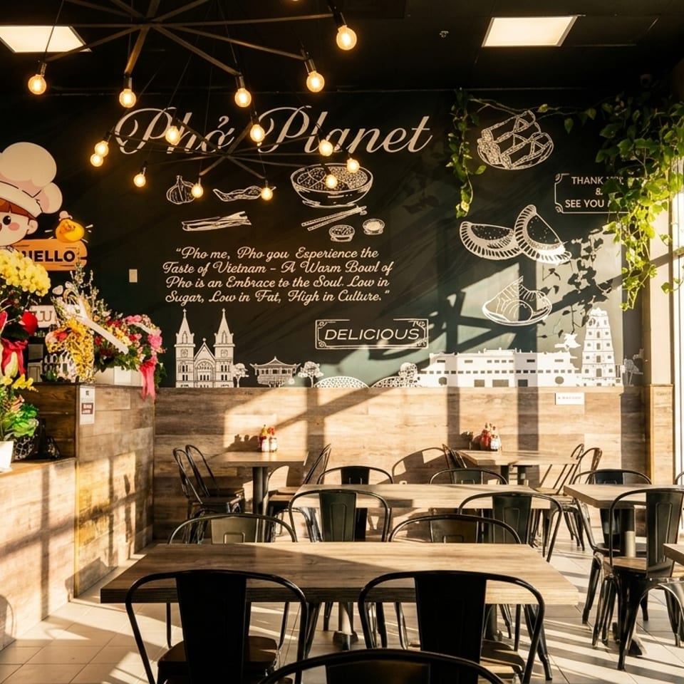 Interior of Pho Planet restaurant with a large mural, wooden tables, and natural light.