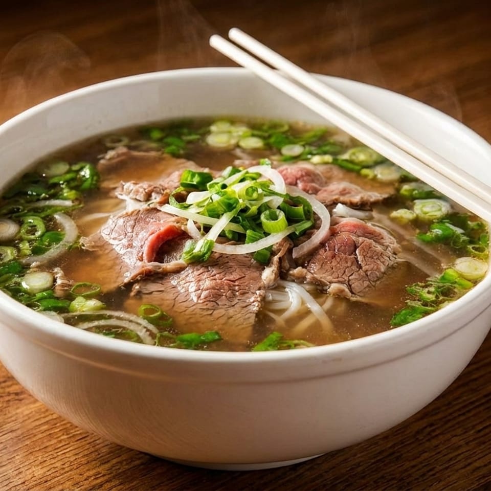 Steaming bowl of pho with beef, noodles, green onions, and white chopsticks on a wooden table.