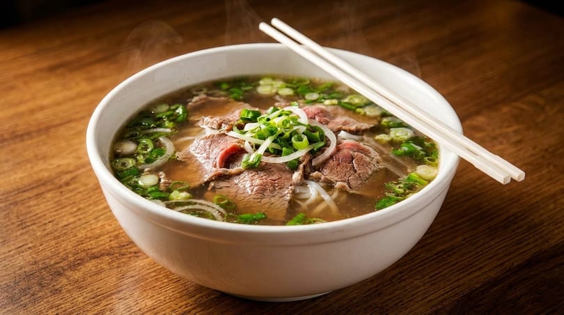 Steaming bowl of pho with beef, noodles, green onions, and white chopsticks on a wooden table.
