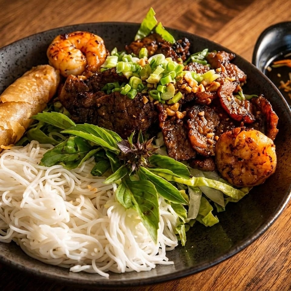 Vietnamese vermicelli bowl with grilled beef, shrimp, egg roll, and fresh herbs, with a side of sauce.
