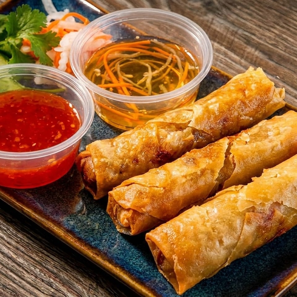 Crispy golden spring rolls with sweet chili sauce, pickled vegetables, and cucumber slices on a blue plate.