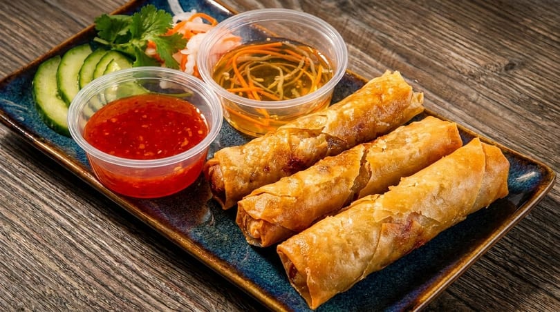 Crispy golden spring rolls with sweet chili sauce, pickled vegetables, and cucumber slices on a blue plate.