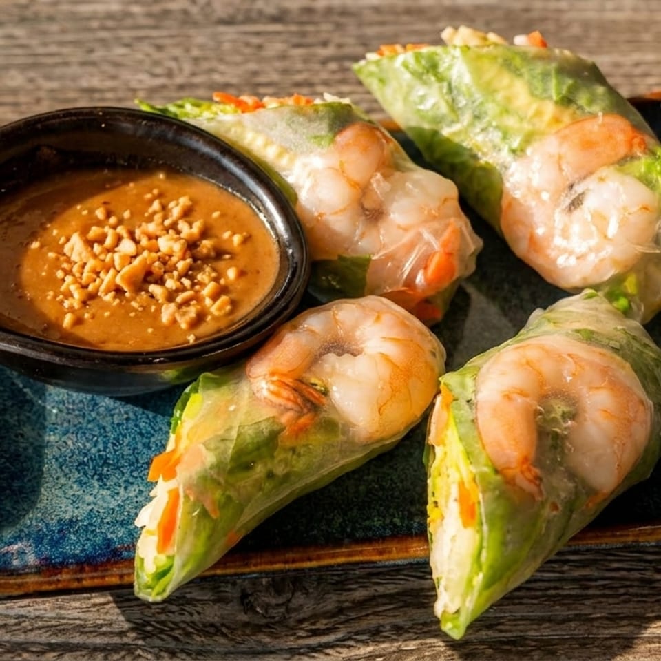 Four fresh shrimp spring rolls with peanut dipping sauce on a blue plate.
