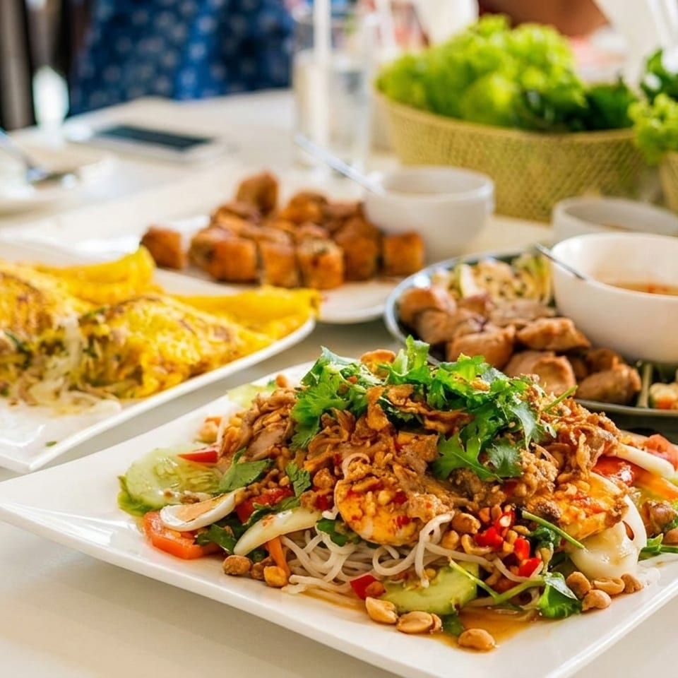 A table laden with various Vietnamese dishes, including a noodle salad, savory crepes, and spring rolls.